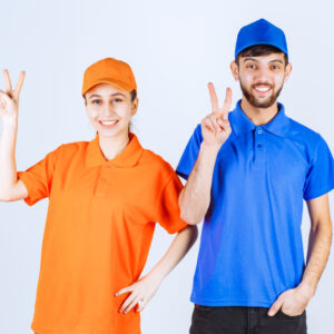 courier-boy-girl-blue-yellow-uniforms-showing-enjoyment-happiness-sign